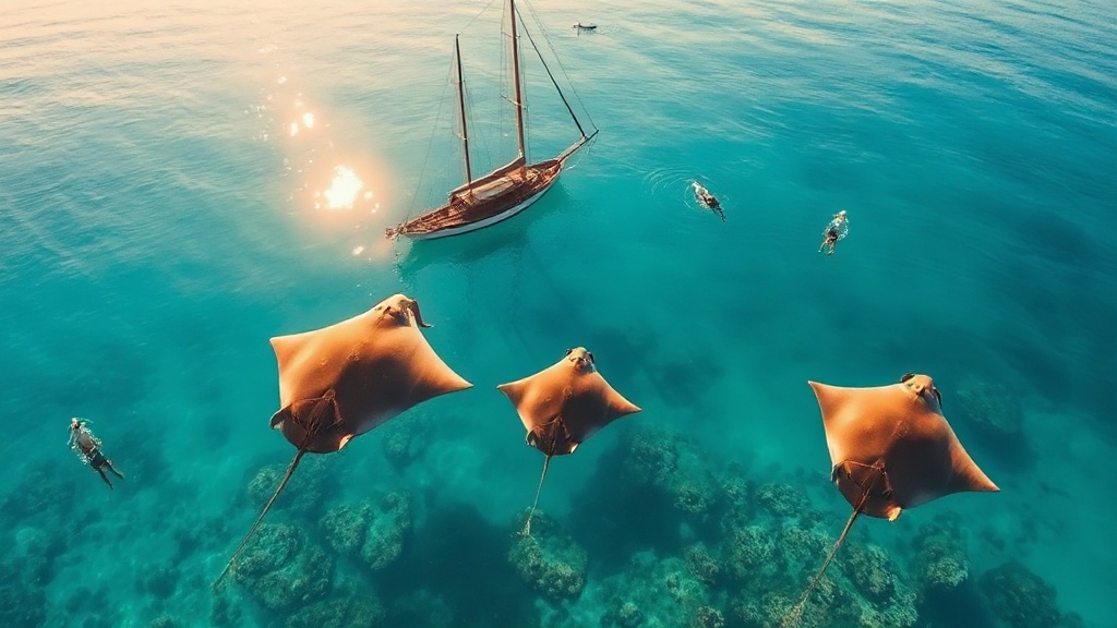 Manta rays gliding beneath clear water near a phinisi yacht at Karang Makassar, Komodo National Park